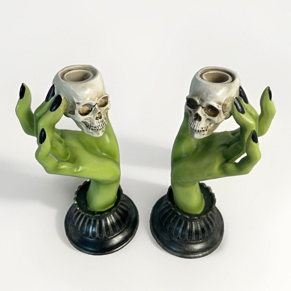 Gothic Skull Hand Taper Candle Holders Green Witch 2 Pc Halloween Decor Resin